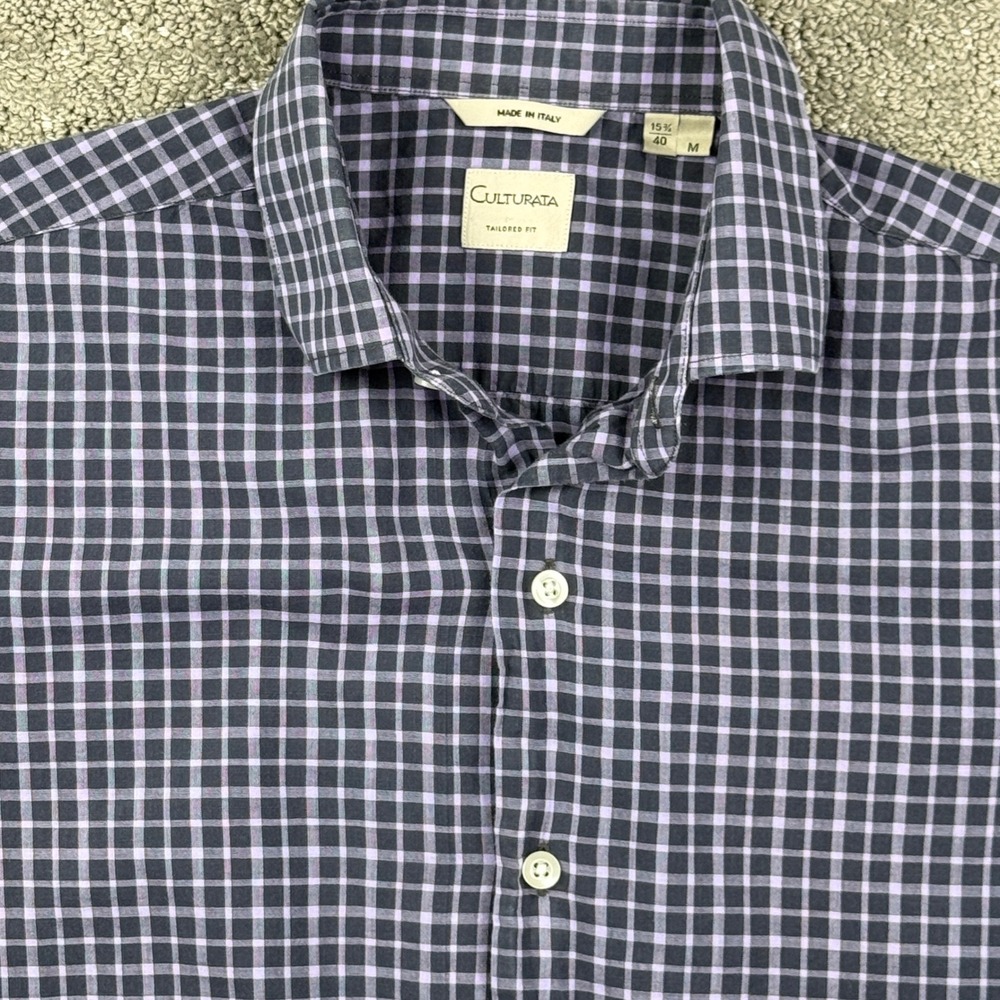 Culturata Button Down Shirt Mens M Purple Black Check Tailored Fit Italy Luxury